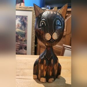 Vintage Hand Carved Wooden Cat Statue